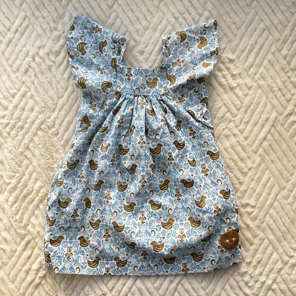 Smiling Button Girls Size 2 Blue Folk Bird Print Flutter Sleeve Dress